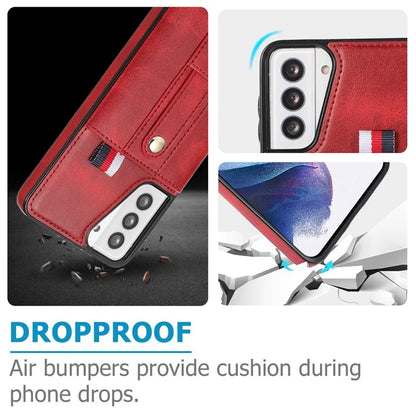 For Samsung Galaxy S21 4G / S21 5G Case Fall-proof Card Holder Phone Cover with Retractable Finger Strap