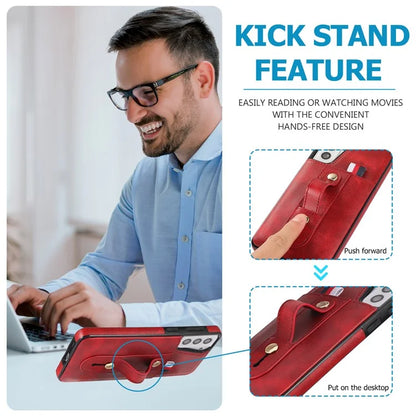 For Samsung Galaxy S21 4G / S21 5G Case Fall-proof Card Holder Phone Cover with Retractable Finger Strap