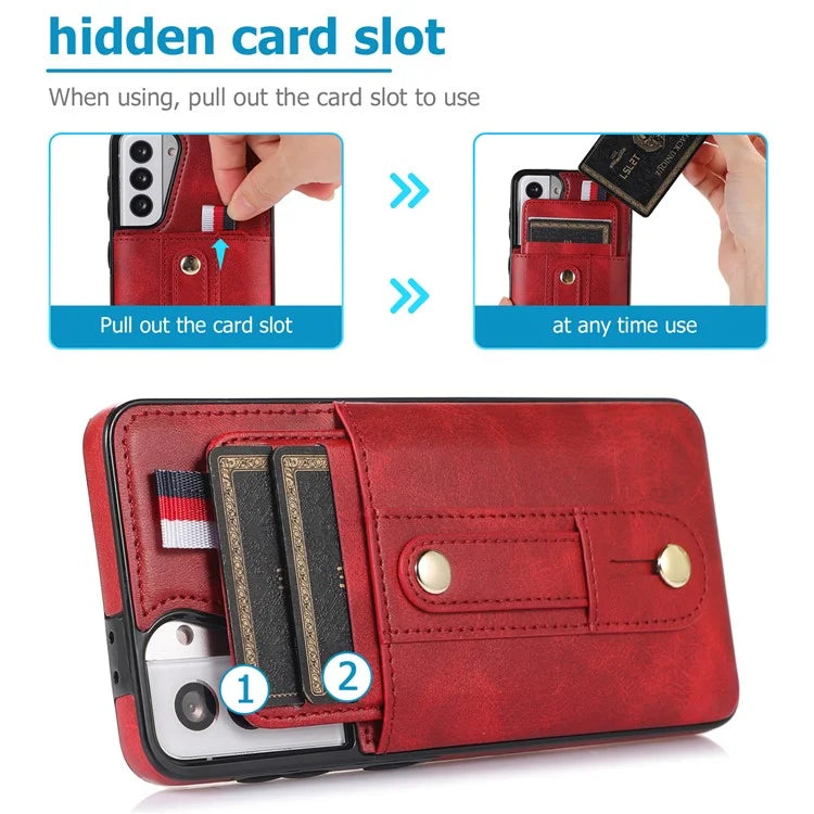 For Samsung Galaxy S21 4G / S21 5G Case Fall-proof Card Holder Phone Cover with Retractable Finger Strap