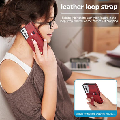 For Samsung Galaxy S21 4G / S21 5G Case Fall-proof Card Holder Phone Cover with Retractable Finger Strap