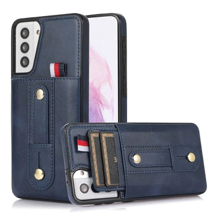 For Samsung Galaxy S21 4G / S21 5G Case Fall-proof Card Holder Phone Cover with Retractable Finger Strap