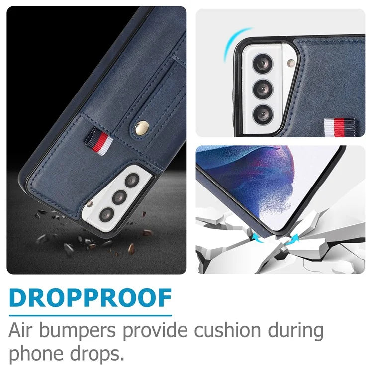 For Samsung Galaxy S21 4G / S21 5G Case Fall-proof Card Holder Phone Cover with Retractable Finger Strap