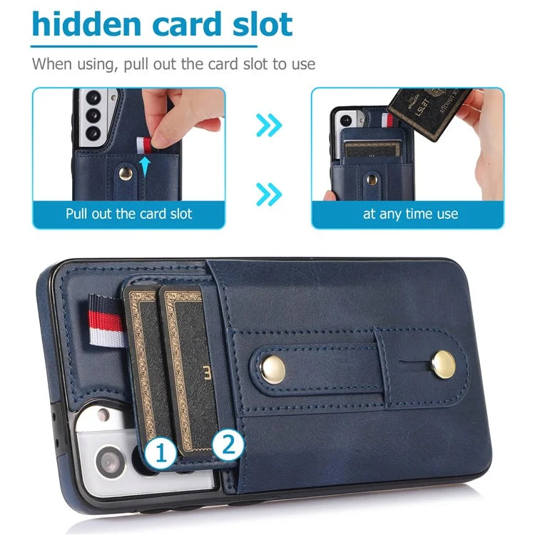 For Samsung Galaxy S21 4G / S21 5G Case Fall-proof Card Holder Phone Cover with Retractable Finger Strap