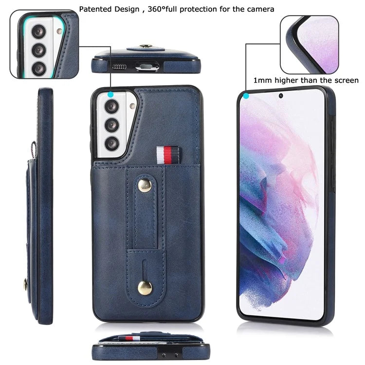 For Samsung Galaxy S21 4G / S21 5G Case Fall-proof Card Holder Phone Cover with Retractable Finger Strap