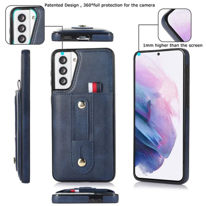 For Samsung Galaxy S21 4G / S21 5G Case Fall-proof Card Holder Phone Cover with Retractable Finger Strap