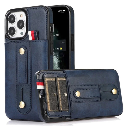 For iPhone 12 Pro Max 6.7 inch Case Drop-proof Leather+TPU Phone Cover with Retractable Finger Strap