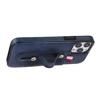 For iPhone 12 Pro Max 6.7 inch Case Drop-proof Leather+TPU Phone Cover with Retractable Finger Strap