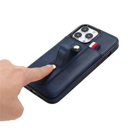 For iPhone 12 Pro Max 6.7 inch Case Drop-proof Leather+TPU Phone Cover with Retractable Finger Strap