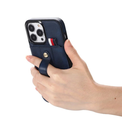For iPhone 12 Pro Max 6.7 inch Case Drop-proof Leather+TPU Phone Cover with Retractable Finger Strap