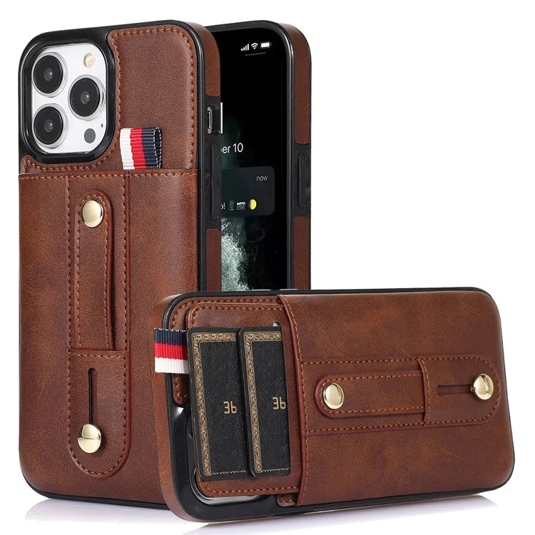 For iPhone 12 Pro Max 6.7 inch Case Drop-proof Leather+TPU Phone Cover with Retractable Finger Strap