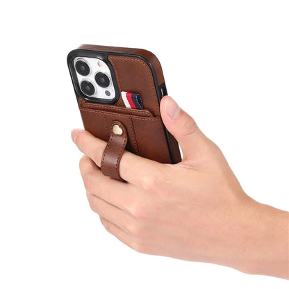 For iPhone 12 Pro Max 6.7 inch Case Drop-proof Leather+TPU Phone Cover with Retractable Finger Strap