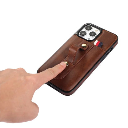 For iPhone 12 Pro Max 6.7 inch Case Drop-proof Leather+TPU Phone Cover with Retractable Finger Strap