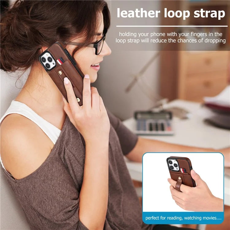 For iPhone 12 Pro Max 6.7 inch Case Drop-proof Leather+TPU Phone Cover with Retractable Finger Strap