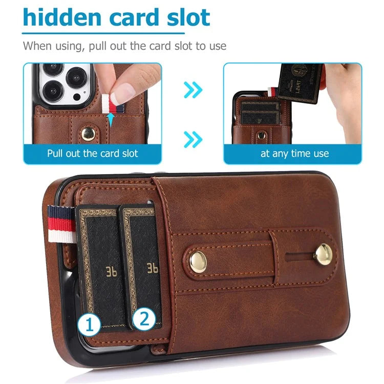 For iPhone 12 Pro Max 6.7 inch Case Drop-proof Leather+TPU Phone Cover with Retractable Finger Strap