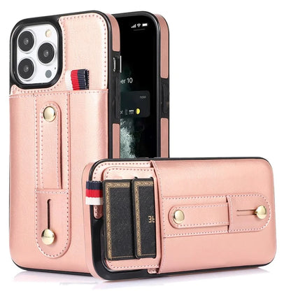 For iPhone 12 Pro Max 6.7 inch Case Drop-proof Leather+TPU Phone Cover with Retractable Finger Strap