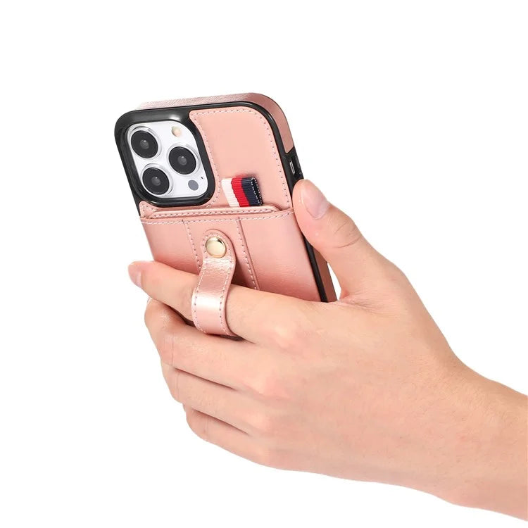 For iPhone 12 Pro Max 6.7 inch Case Drop-proof Leather+TPU Phone Cover with Retractable Finger Strap