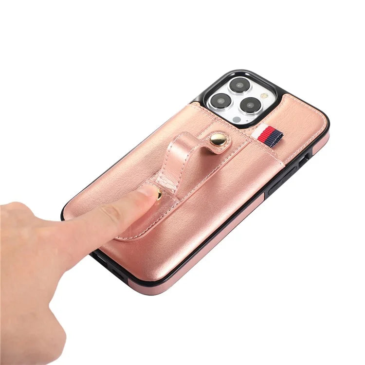 For iPhone 12 Pro Max 6.7 inch Case Drop-proof Leather+TPU Phone Cover with Retractable Finger Strap