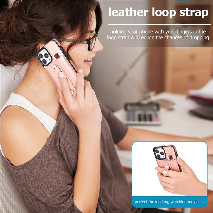 For iPhone 12 Pro Max 6.7 inch Case Drop-proof Leather+TPU Phone Cover with Retractable Finger Strap