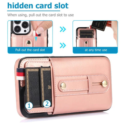 For iPhone 12 Pro Max 6.7 inch Case Drop-proof Leather+TPU Phone Cover with Retractable Finger Strap