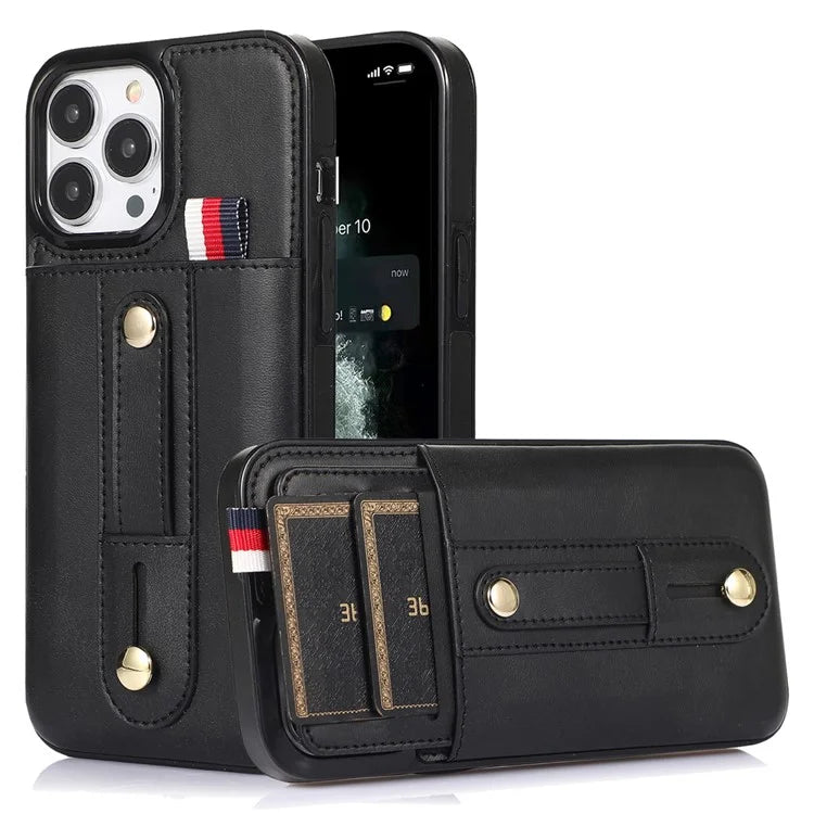 For iPhone 12 Pro Max 6.7 inch Case Drop-proof Leather+TPU Phone Cover with Retractable Finger Strap