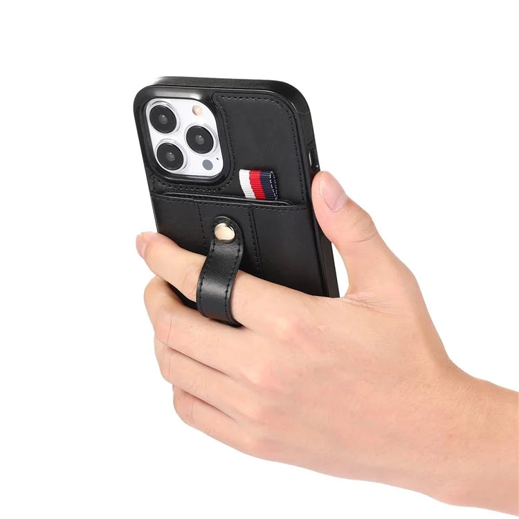 For iPhone 12 Pro Max 6.7 inch Case Drop-proof Leather+TPU Phone Cover with Retractable Finger Strap