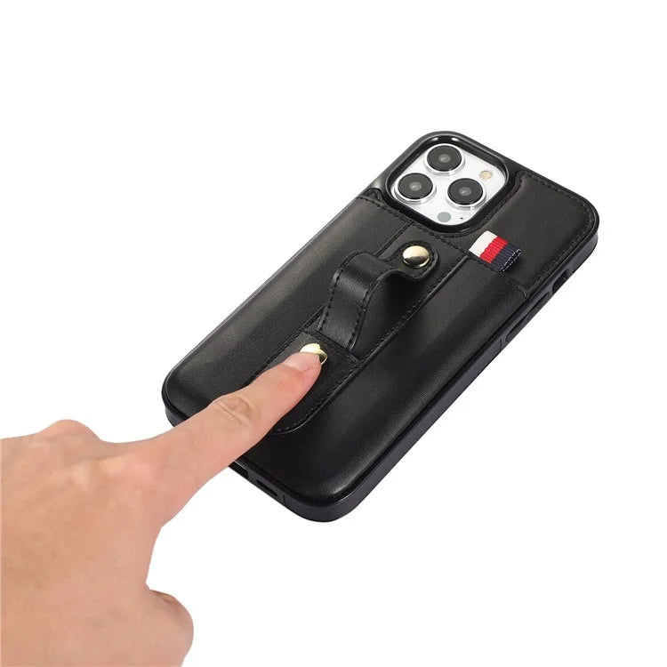 For iPhone 12 Pro Max 6.7 inch Case Drop-proof Leather+TPU Phone Cover with Retractable Finger Strap