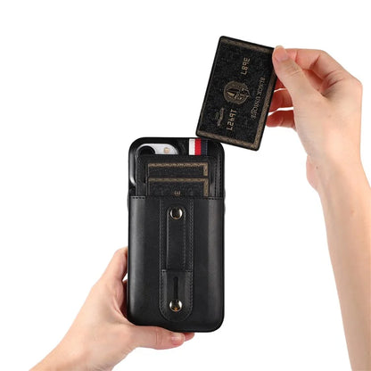 For iPhone 12 Pro Max 6.7 inch Case Drop-proof Leather+TPU Phone Cover with Retractable Finger Strap