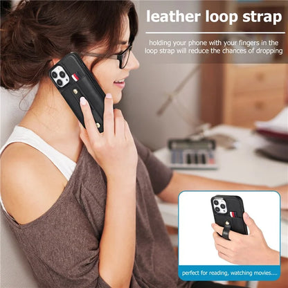 For iPhone 12 Pro Max 6.7 inch Case Drop-proof Leather+TPU Phone Cover with Retractable Finger Strap