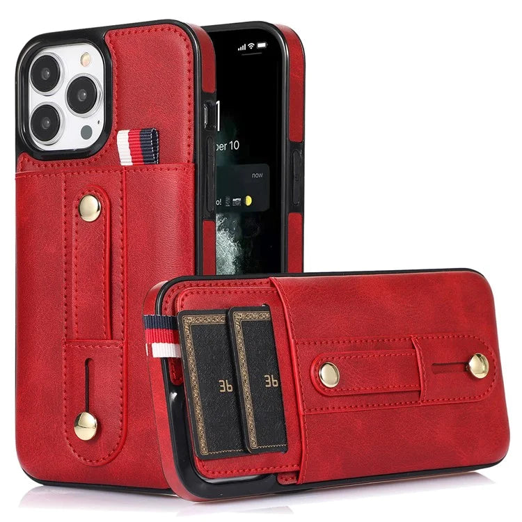 For iPhone 12 Pro Max 6.7 inch Case Drop-proof Leather+TPU Phone Cover with Retractable Finger Strap