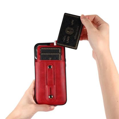 For iPhone 12 Pro Max 6.7 inch Case Drop-proof Leather+TPU Phone Cover with Retractable Finger Strap