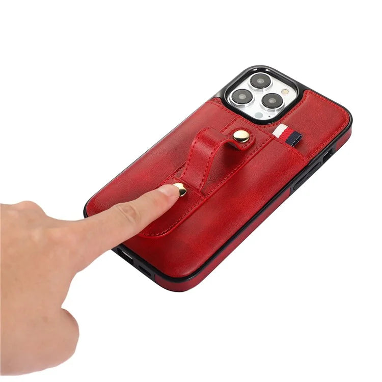 For iPhone 12 Pro Max 6.7 inch Case Drop-proof Leather+TPU Phone Cover with Retractable Finger Strap