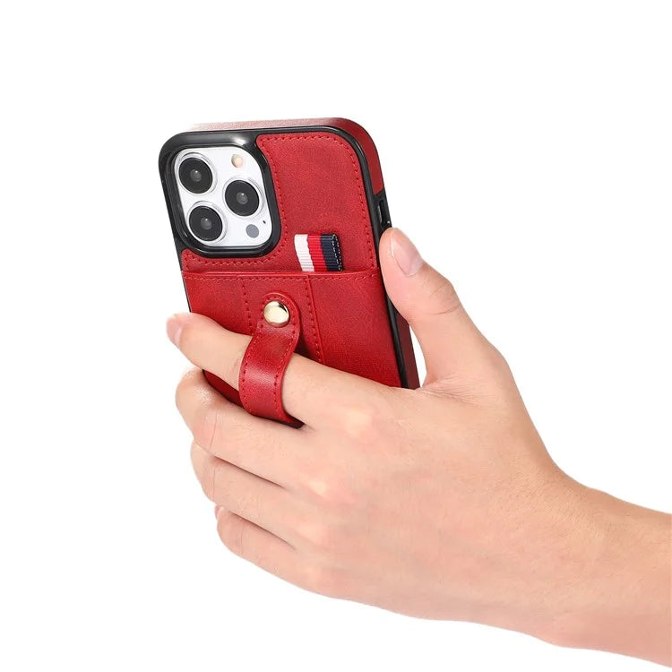 For iPhone 12 Pro Max 6.7 inch Case Drop-proof Leather+TPU Phone Cover with Retractable Finger Strap