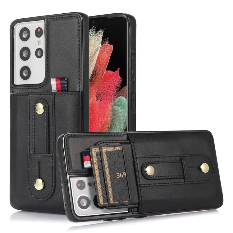For Samsung Galaxy S21 Ultra 5G Case Drop-proof Card Holder Phone Cover with Retractable Strap Kickstand