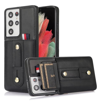 For Samsung Galaxy S21 Ultra 5G Case Drop-proof Card Holder Phone Cover with Retractable Strap Kickstand
