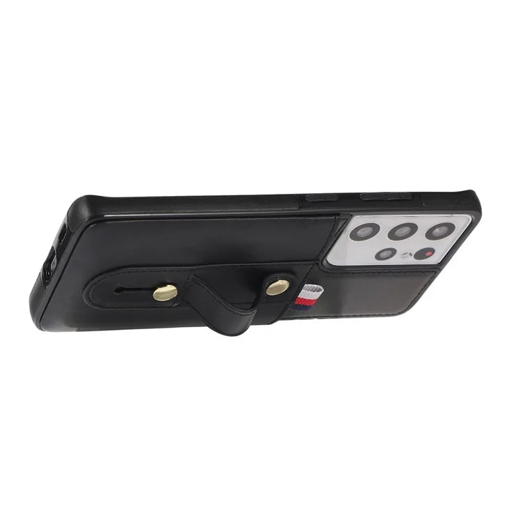 For Samsung Galaxy S21 Ultra 5G Case Drop-proof Card Holder Phone Cover with Retractable Strap Kickstand