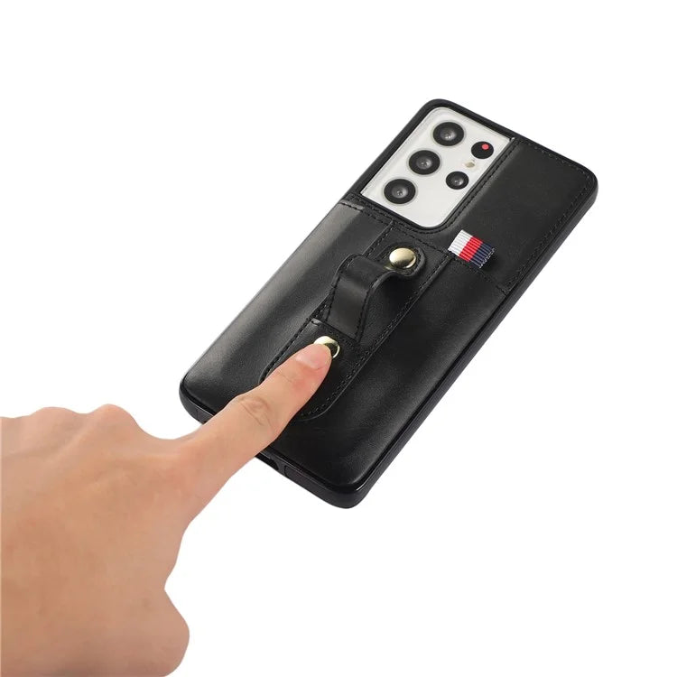 For Samsung Galaxy S21 Ultra 5G Case Drop-proof Card Holder Phone Cover with Retractable Strap Kickstand