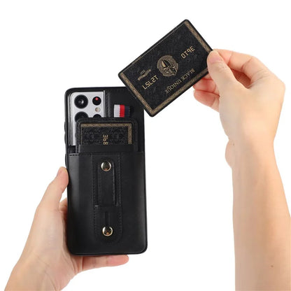 For Samsung Galaxy S21 Ultra 5G Case Drop-proof Card Holder Phone Cover with Retractable Strap Kickstand