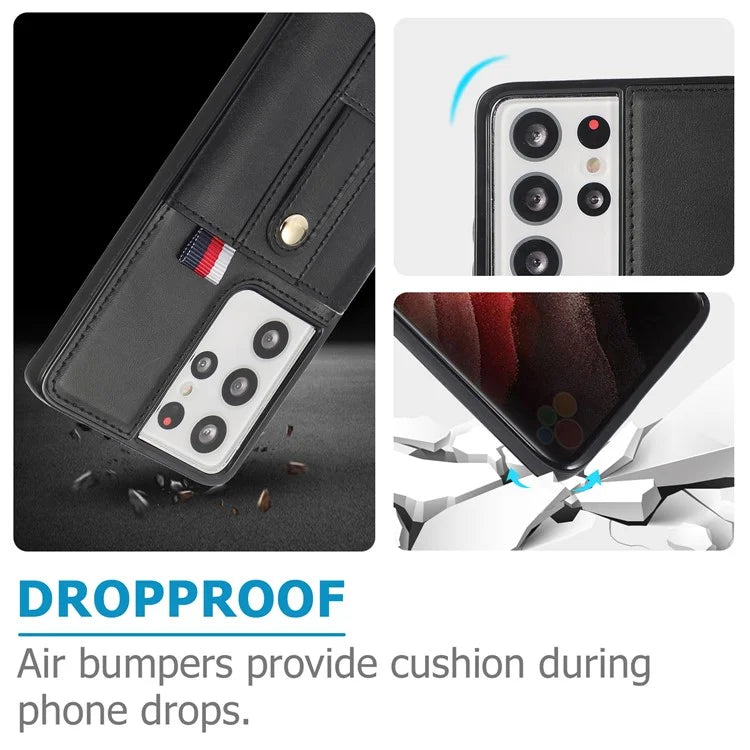 For Samsung Galaxy S21 Ultra 5G Case Drop-proof Card Holder Phone Cover with Retractable Strap Kickstand