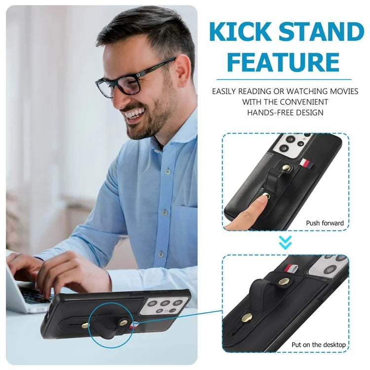 For Samsung Galaxy S21 Ultra 5G Case Drop-proof Card Holder Phone Cover with Retractable Strap Kickstand