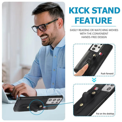 For Samsung Galaxy S21 Ultra 5G Case Drop-proof Card Holder Phone Cover with Retractable Strap Kickstand