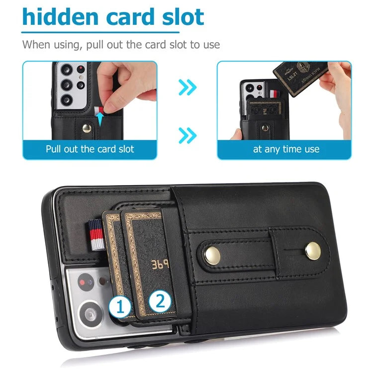 For Samsung Galaxy S21 Ultra 5G Case Drop-proof Card Holder Phone Cover with Retractable Strap Kickstand