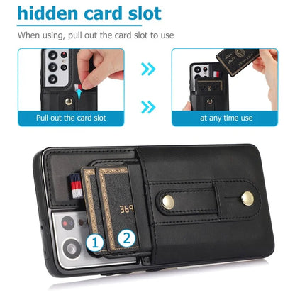 For Samsung Galaxy S21 Ultra 5G Case Drop-proof Card Holder Phone Cover with Retractable Strap Kickstand