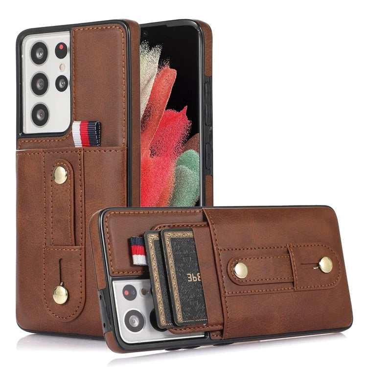 For Samsung Galaxy S21 Ultra 5G Case Drop-proof Card Holder Phone Cover with Retractable Strap Kickstand