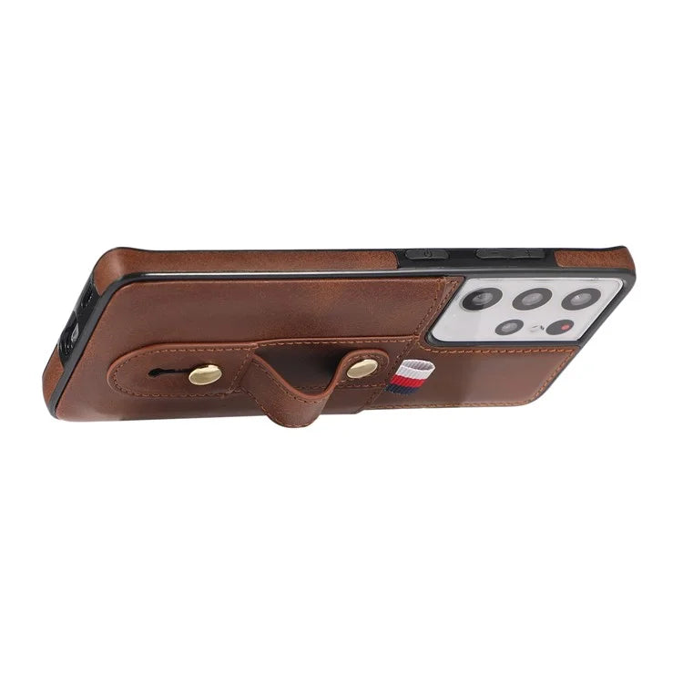 For Samsung Galaxy S21 Ultra 5G Case Drop-proof Card Holder Phone Cover with Retractable Strap Kickstand
