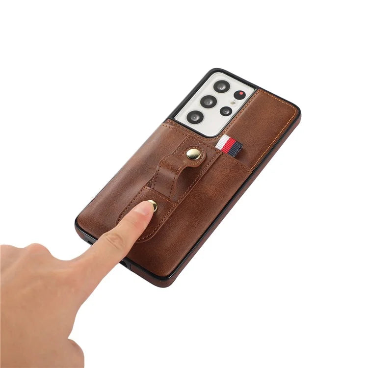 For Samsung Galaxy S21 Ultra 5G Case Drop-proof Card Holder Phone Cover with Retractable Strap Kickstand