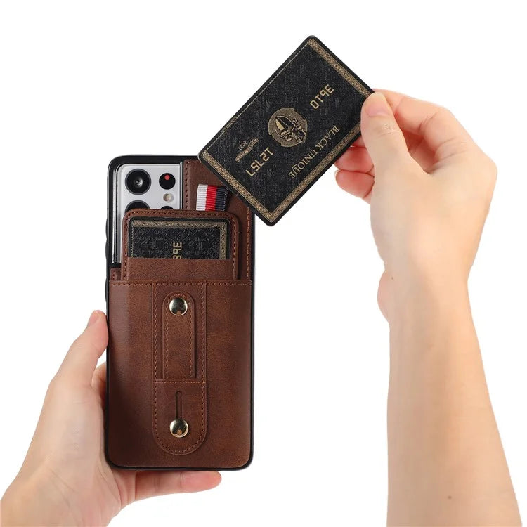 For Samsung Galaxy S21 Ultra 5G Case Drop-proof Card Holder Phone Cover with Retractable Strap Kickstand