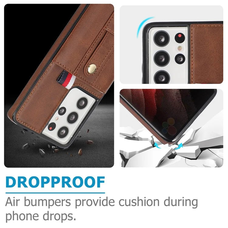 For Samsung Galaxy S21 Ultra 5G Case Drop-proof Card Holder Phone Cover with Retractable Strap Kickstand