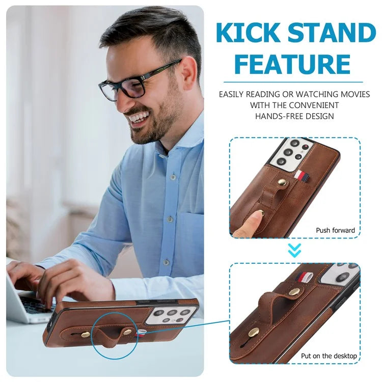 For Samsung Galaxy S21 Ultra 5G Case Drop-proof Card Holder Phone Cover with Retractable Strap Kickstand