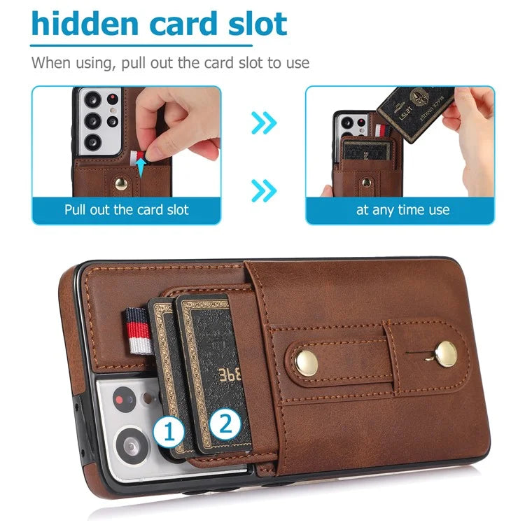 For Samsung Galaxy S21 Ultra 5G Case Drop-proof Card Holder Phone Cover with Retractable Strap Kickstand
