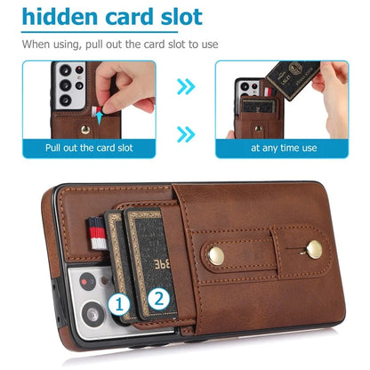 For Samsung Galaxy S21 Ultra 5G Case Drop-proof Card Holder Phone Cover with Retractable Strap Kickstand